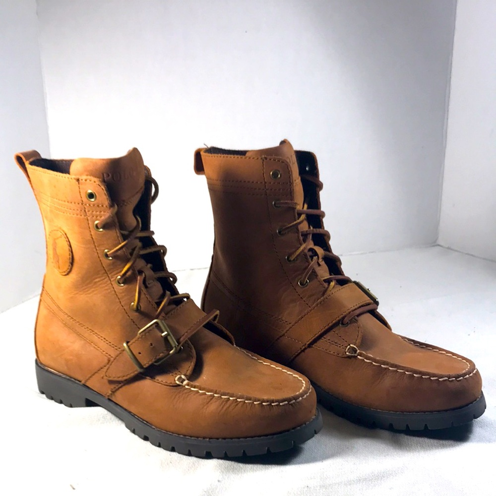 Polo Ralph Lauren Men's Tan Brown Leather Lace Up Buckle Ranger Boots Sz 9D